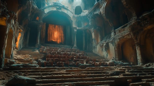 An ancient, decayed theater with broken seats and illuminated stage curtains, enveloped in mysterious light and shadow.