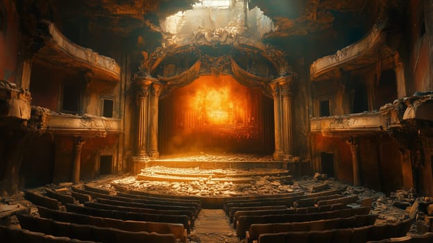 A decayed theater with grand columns and an ornate stage, glowing with fiery orange light, surrounded by broken seats and crumbling architecture.