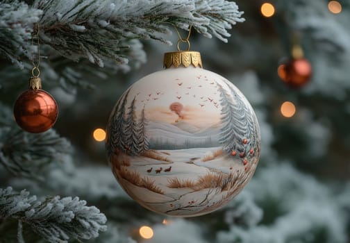 A beige Christmas ball with a snow landscape on a Christmas tree. Selective focus.