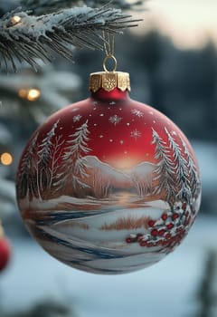 A red Christmas ball with a snow landscape on a Christmas tree. Selective focus.