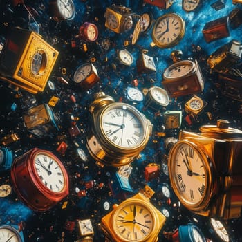 A surreal scene of clocks in geometric shapes and vibrant colors floating in space, creating an abstract representation of time and fluidity.