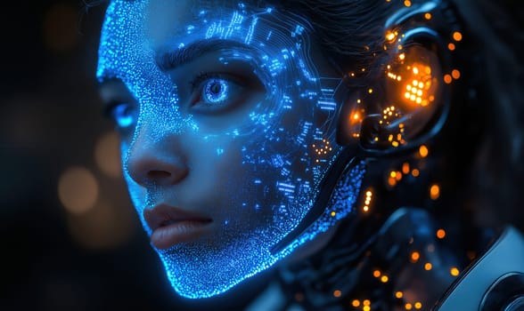 A futuristic intelligent woman with glowing blue circuits. Selective focus.