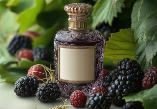 A perfume bottle surrounded by blackberries and leaves. Selective focus.