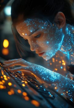 A futuristic intelligent woman with glowing blue circuits. Selective focus.