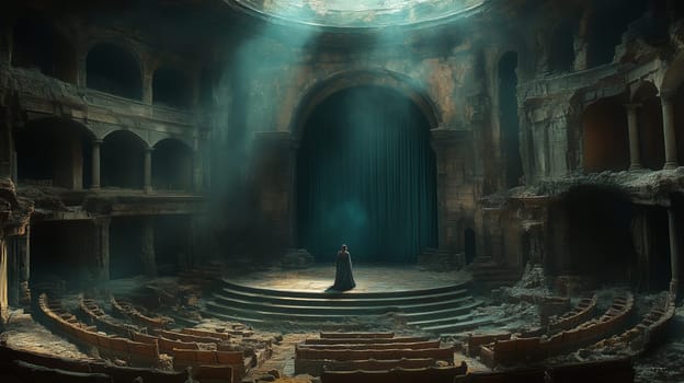 A mysterious lone figure in a cloak stands on the stage of an ancient, decayed theater, illuminated by ethereal beams of light.