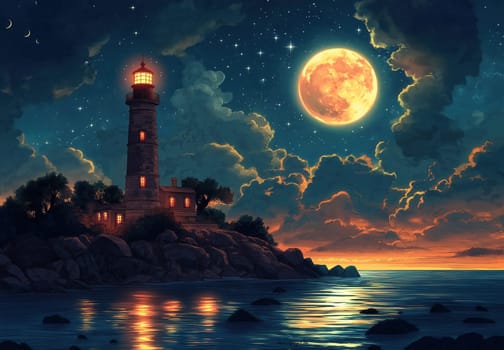 Illustration, lighthouse on a rocky island under a full moon. Selective focus.