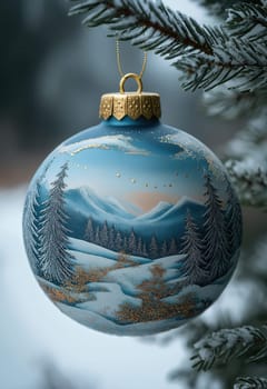 Blue Christmas ball with a snowy landscape on a Christmas tree. Selective focus.
