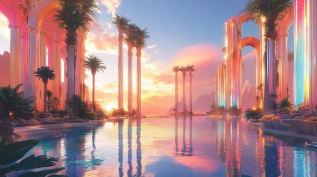 A vibrant sunset scene with tall palm trees, glowing arches, and a reflective pool, creating a surreal and serene tropical atmosphere.