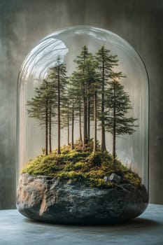 A miniature forest enclosed in a glass dome, illuminated by soft light, creating a tranquil, whimsical, and serene nature-inspired scene.