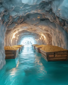 A mysterious underground ice cave with glowing walls, crates filled with gold, and a glistening turquoise floor, creating an otherworldly atmosphere.