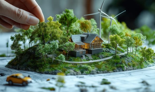 Hands making a miniature model of a cityscape with wind turbines, green energy. Selective focus.