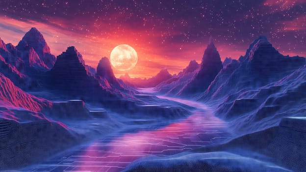 A river made of pixels flows through a surreal, digital landscape, blending technology with natural elements in a unique, abstract scene.