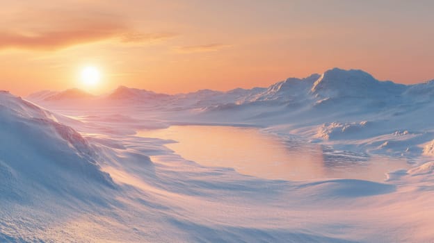 A breathtaking sunrise illuminating icy mountains and a reflective frozen lake, creating a serene and tranquil winter scene.