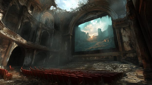 A decayed theater with red seats and a damaged ceiling, featuring a glowing screen projecting a scenic ruin landscape at sunset.