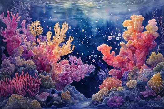 Vibrant corals grow in intricate, treasure-like shapes, shimmering with colorful hues, creating an otherworldly underwater scene.