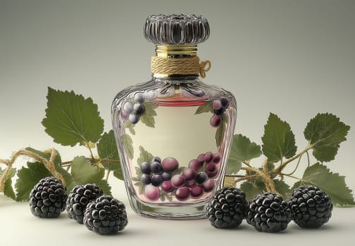 A perfume bottle surrounded by blackberries and leaves. Selective focus.