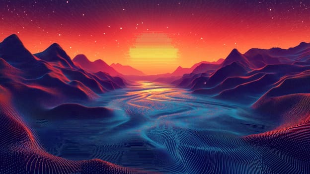 Vibrant digital artwork of a pixelated river winding through a surreal valley with glowing mountains and a starry night sky.