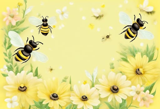 Beautiful bees and flowers in yellow background - Generative AI