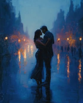 Painting of a man and woman dancing tango on a city street at night. Selective focus.