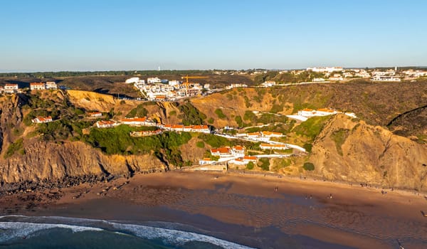 Aerial from the surfers village Arrifana at the west coast in Portugal