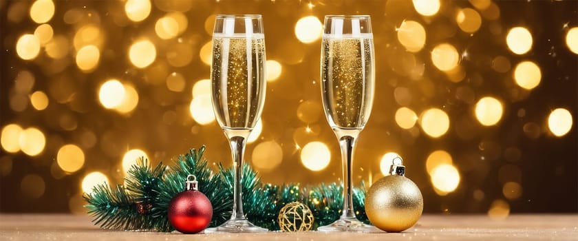 Two glasses of champagne on a christmas background of blurred lights - Generative AI