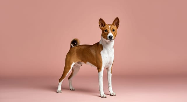 Elegant basenji dog with erect ears and a curled tail stands confidently on a smooth pink backdrop. its distinctive features and poised stance highlight the breed's graceful demeanor and alert nature.