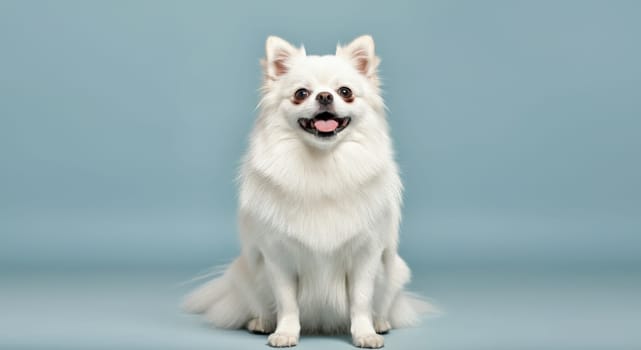A cheerful white dog with fluffy fur and a joyful expression sits against a calming blue backdrop. the setting emphasizes themes of companionship, happiness, and pet care, capturing the essence of a beloved canine friend.