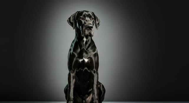 A striking portrait of a great dane sitting gracefully against a dark, minimalist backdrop. the dramatic lighting accentuates the sleek, shiny black coat and the dog's poised, attentive expression.