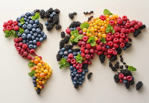 World map laid out of berries on a light background. Selective focus.