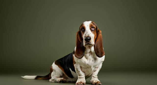Basset hound with long ears and soulful eyes sits against a neutral green background. the dog's expressive face and tricolor coat highlight its gentle and affectionate nature, appealing to dog lovers.