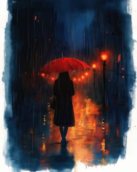 Watercolor, woman with umbrella in the rain, in an urban nightscape. Selective focus.