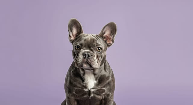 A french bulldog with striking large ears, sitting against a soft pastel purple backdrop. the dog's attentive expression and unique features are highlighted, offering a captivating and playful visual focus.