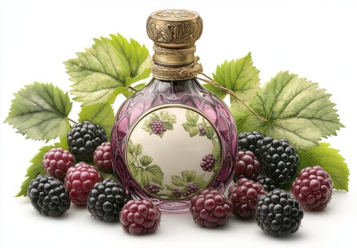 A perfume bottle surrounded by blackberries and leaves. Selective focus.