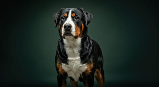 A large dog with a glossy black, white, and brown coat stands majestically against a rich, dark green backdrop. the dog's attentive gaze and poised stance convey confidence and elegance.