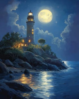 Illustration, lighthouse on a rocky island under a full moon. Selective focus.