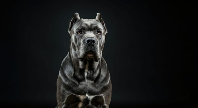 A powerful and confident cane corso sits poised against a dark backdrop. the dog's muscular build and attentive gaze highlight its strength and intelligence, creating a striking contrast in the subdued lighting.