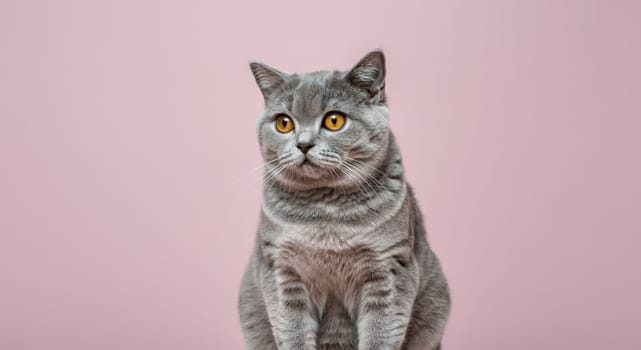 British shorthair cat with striking amber eyes sits gracefully against a soft pink background. the feline's plush gray coat and captivating gaze create a delightful and calming scene.