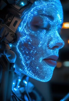 A futuristic intelligent woman with glowing blue circuits. Selective focus.