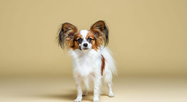 Papillon dog standing against a beige background, showcasing its characteristic fluffy ears and expressive eyes. ideal for pet portraits or gifts for dog enthusiasts, the elegance of this small, friendly breed.