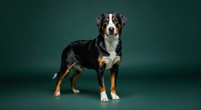 Entlebucher mountain dog stands poised against a deep green backdrop. the dog's glossy coat exhibits striking black, white, and tan markings. this elegant canine embodies strength and loyalty, perfect for pet-inspired designs.