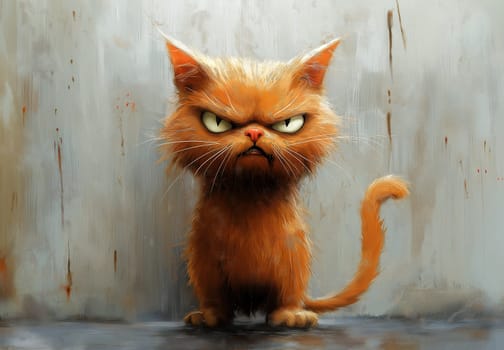 A cartoon dissatisfied ginger cat on an abstract background. Selective focus.