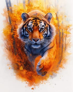 Watercolor, tiger running through an autumn forest. Selective focus.