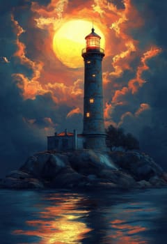 Illustration, lighthouse on a rocky island on a cloudy day. Selective focus.