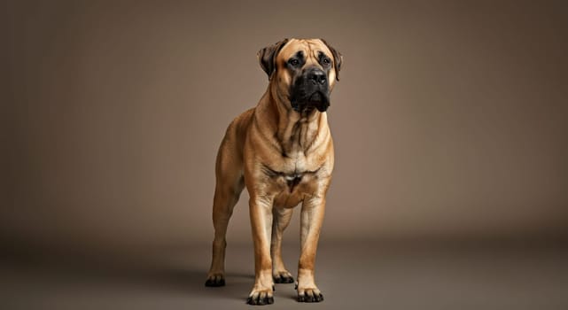 Bullmastiff standing confidently against a neutral backdrop, showcasing its strong build and gentle demeanor. the portrait emphasizes the breed's noble appearance and calm expression.
