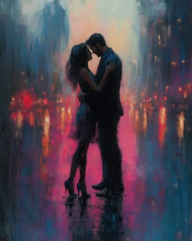 Painting of a man and woman dancing tango on a city street at night. Selective focus.