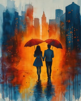 Watercolor, man and woman walking through the city with umbrellas. Selective focus.