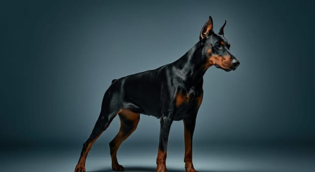 A striking doberman pinscher stands confidently against a moody gradient backdrop, its sleek black and tan coat. the dog's alert expression and muscular build emphasize strength and elegance, making it ideal for design use.