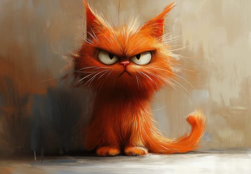 A cartoon dissatisfied ginger cat on an abstract background. Selective focus.