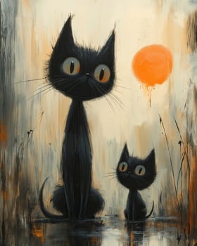 Illustration of black cats sitting on an abstract background. Selective focus.
