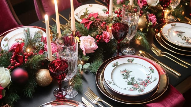 Christmas tablescape decoration, formal family dinner holiday celebration, luxury table setting decor, English country and home style idea